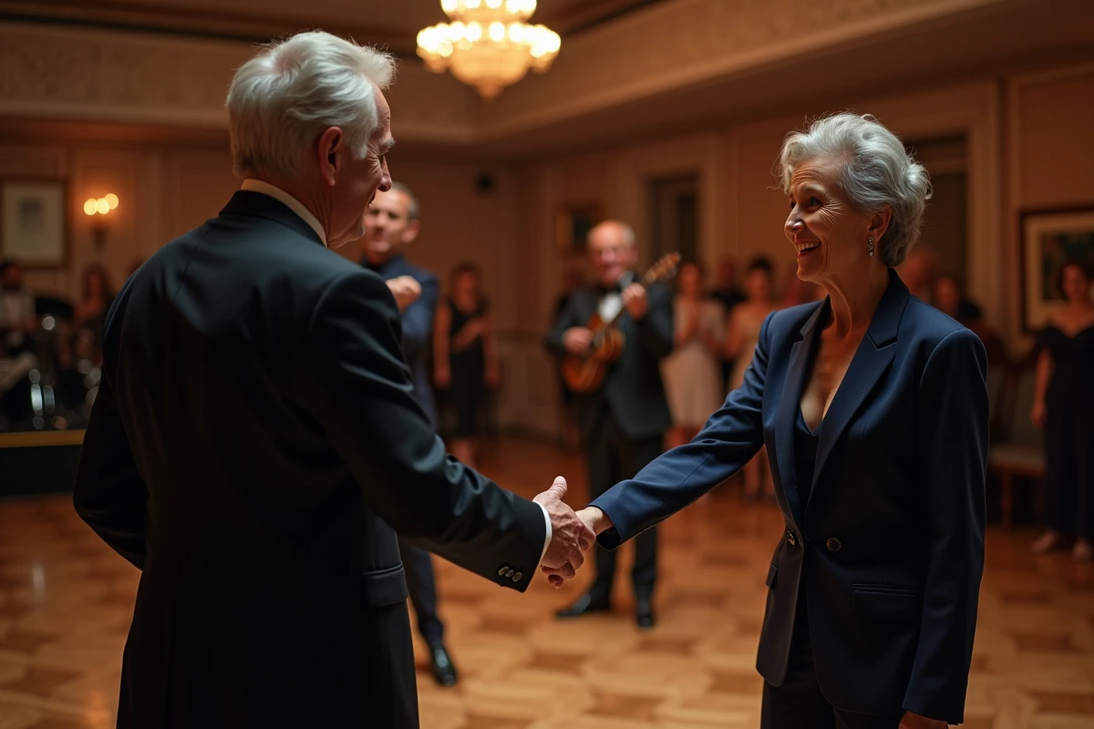 Homme élégant de 60 ans invitant une femme à danser dans un dancing classique à Lyon