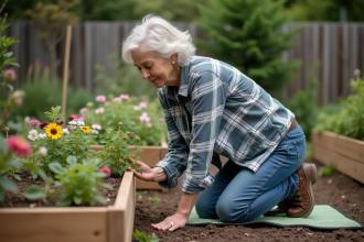 Femme en jardinage prune des plantes dans un jardin fleuri