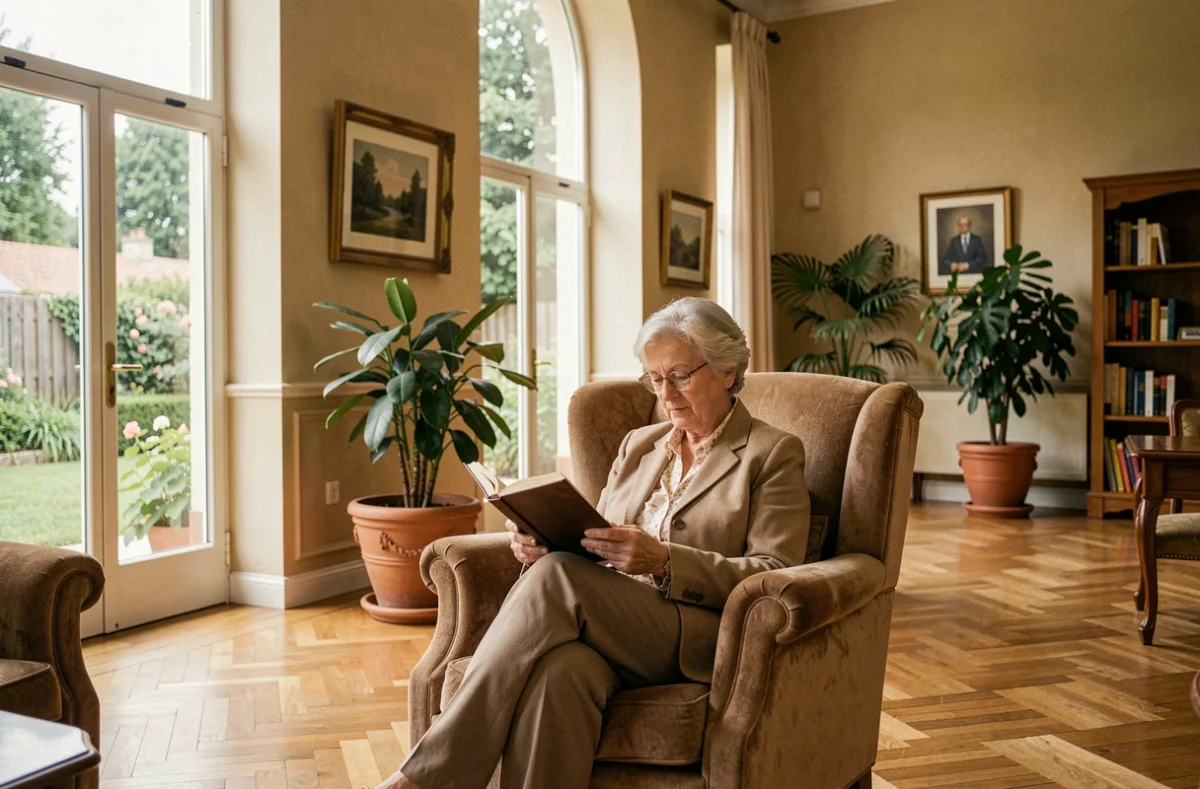 Femme senior lisant dans le salon commun élégant des Jardins d'Arcadie de Saint-Etienne
