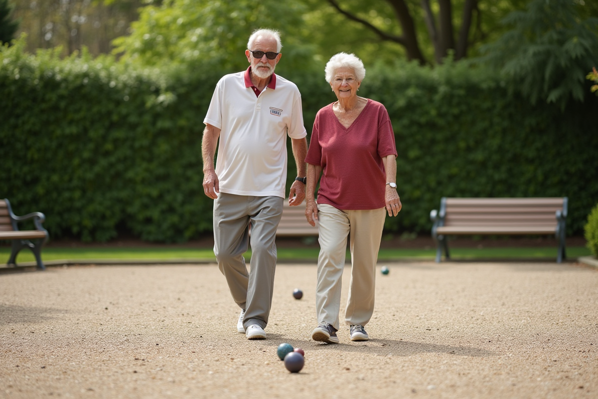 Personnes âgées jouent à la pétanque dans un jardin