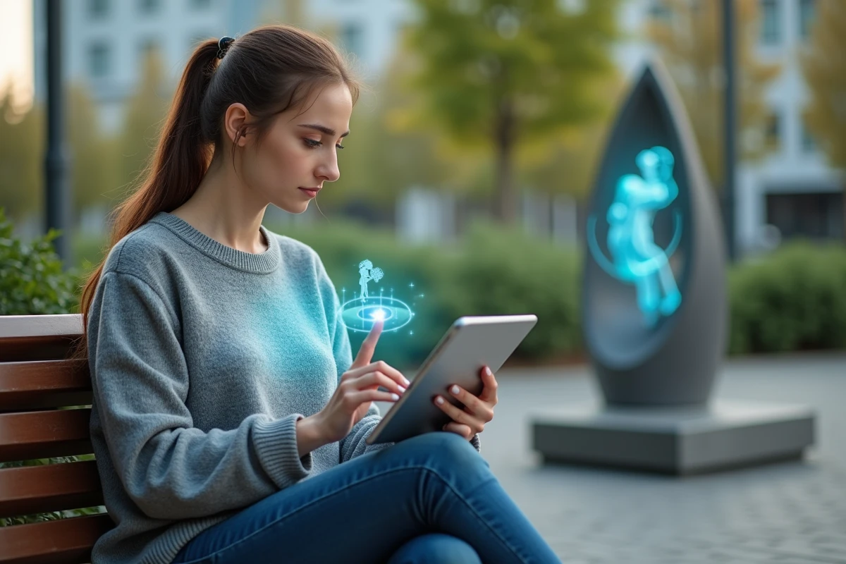 Jeune femme regardant un hologramme dans un parc moderne