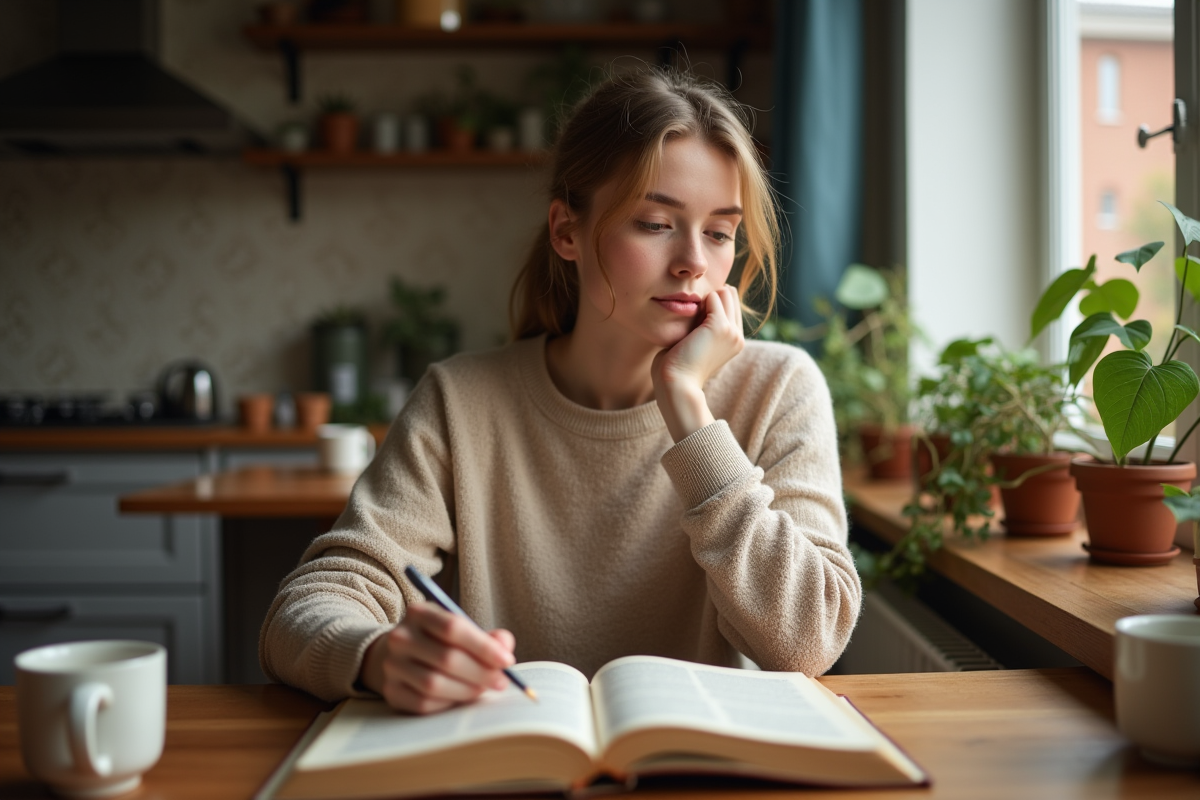 Jeune femme lisant un livre vintage dans une cuisine chaleureuse