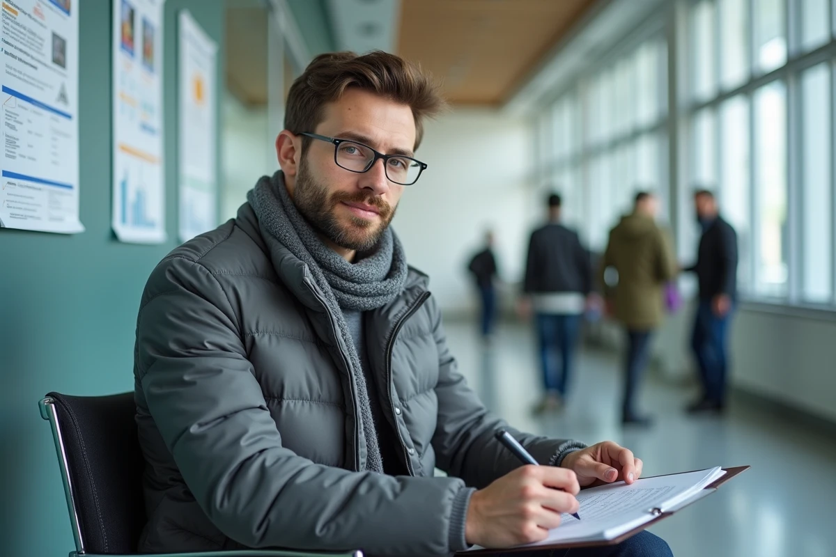 Jeune homme remplissant un formulaire dans un bureau