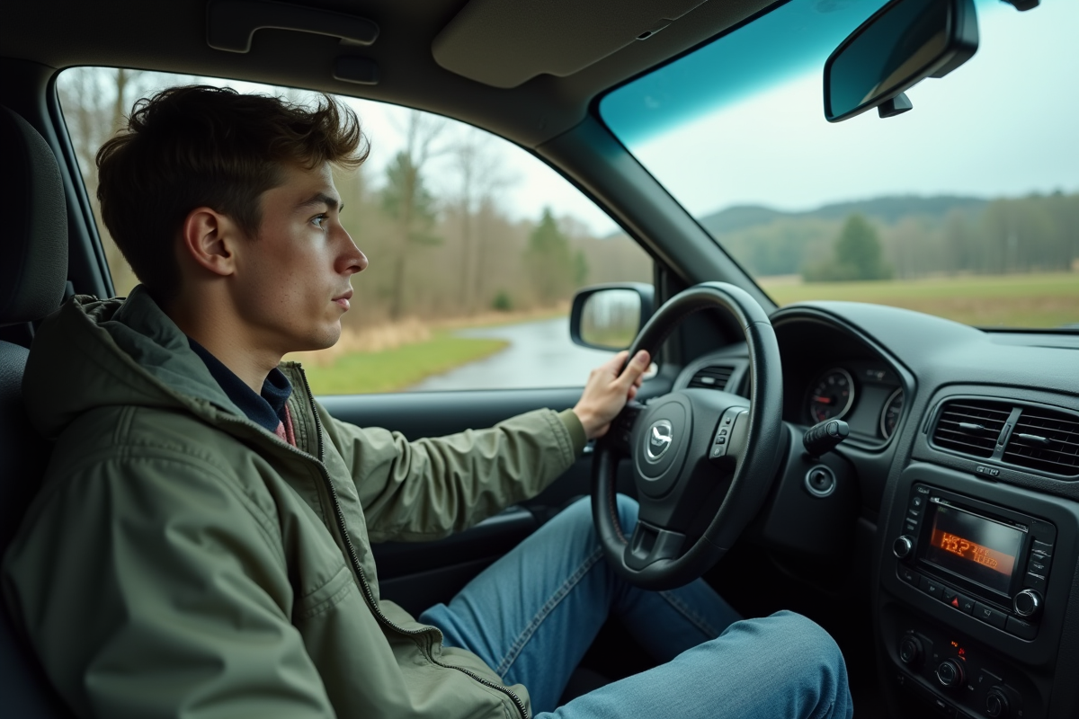 Jeune homme conduisant une voiture sur une route rurale