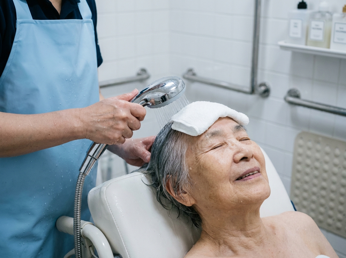 Infirmière à domicile lavant les cheveux d'une femme âgée dans une salle de bain adaptée