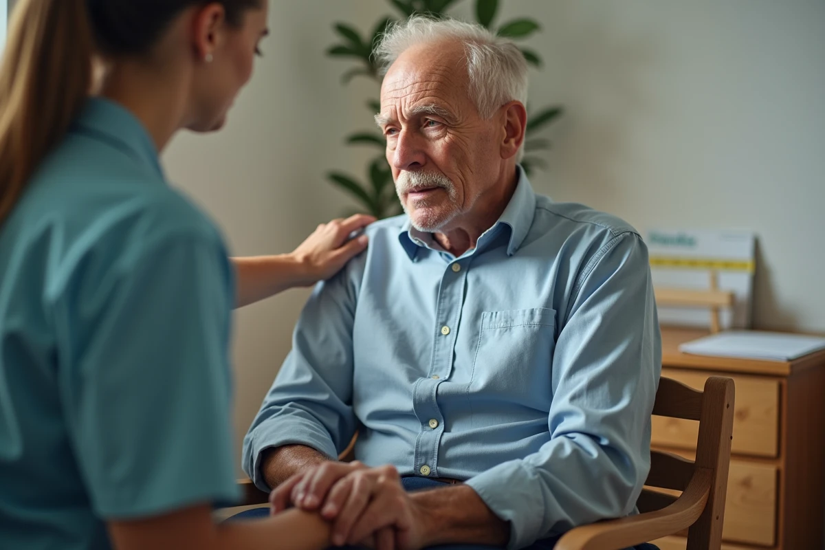 Patient âgé en séance de rééducation effectuant le lever de chaise du test de Tinetti
