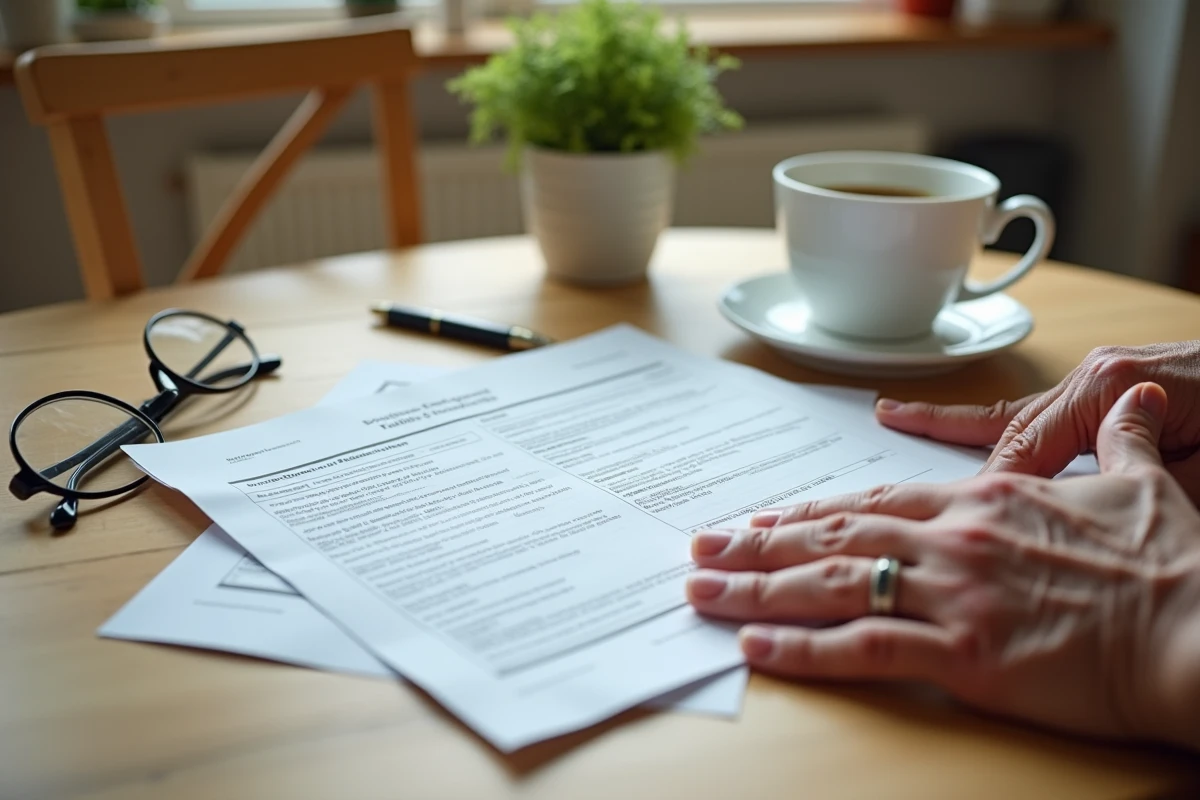 Gros plan sur les mains d'une personne âgée consultant un livret d'évaluation GIR posé sur une table de cuisine
