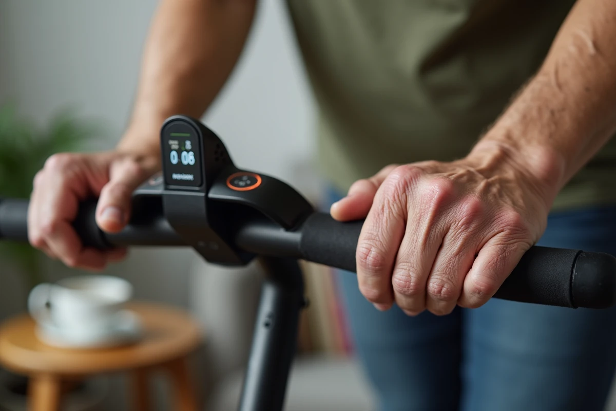 Gros plan sur les mains d'une personne âgée arthrosique tenant le guidon d'un vélo d'appartement