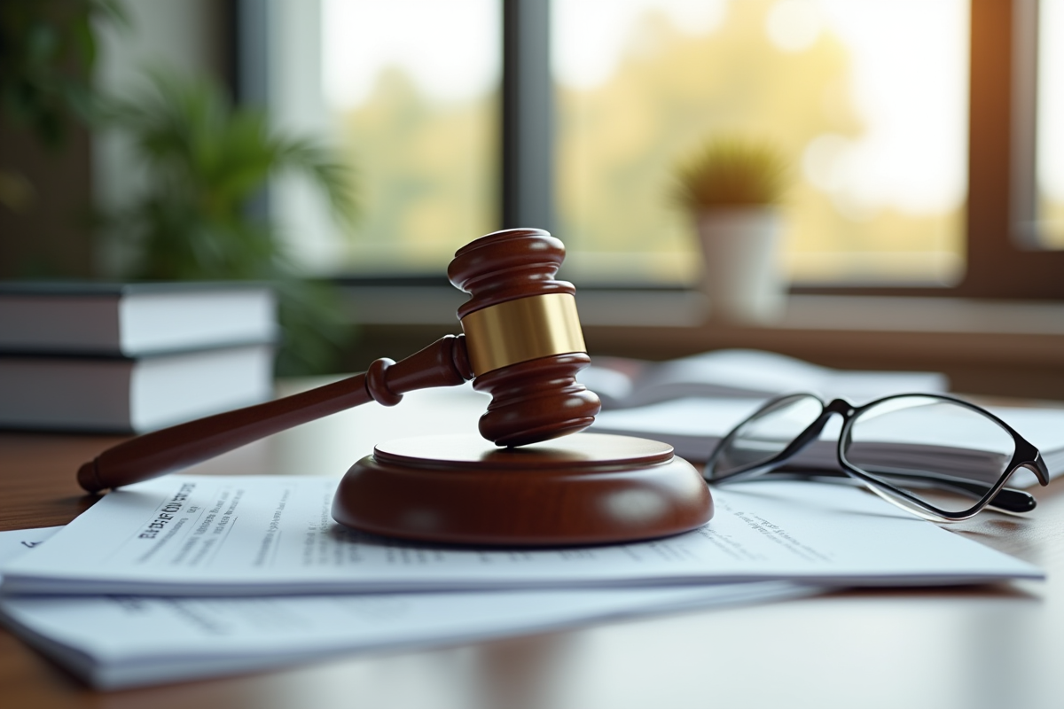 Marteau de juge sur documents juridiques avec lunettes
