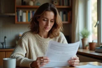Mère de famille consultant le site Scolinfo Chèque Vacances sur son ordinateur portable pour payer une sortie scolaire