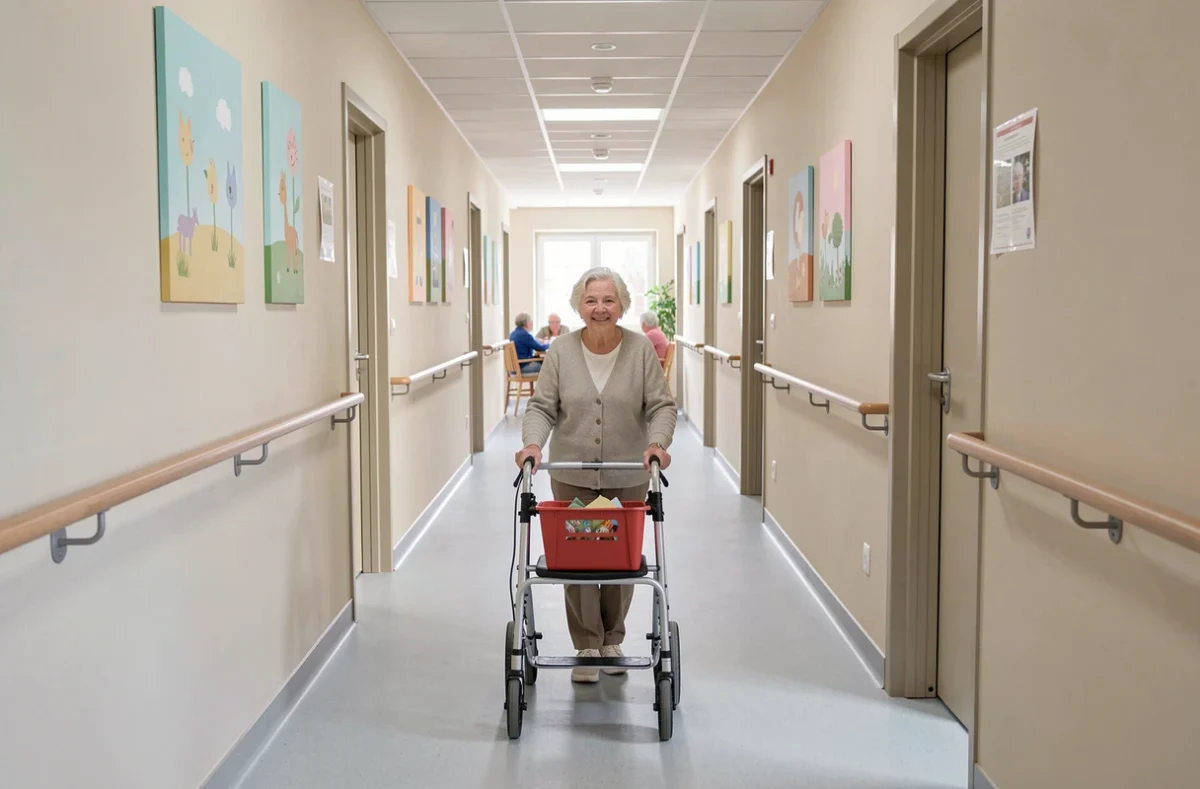 Résidente en déambulateur dans le couloir accessible et adapté de la résidence Mobicap Saint-Etienne