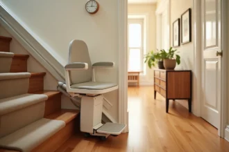 Monte escaliers sans installation posé sans percer sur un escalier en bois dans un appartement en location
