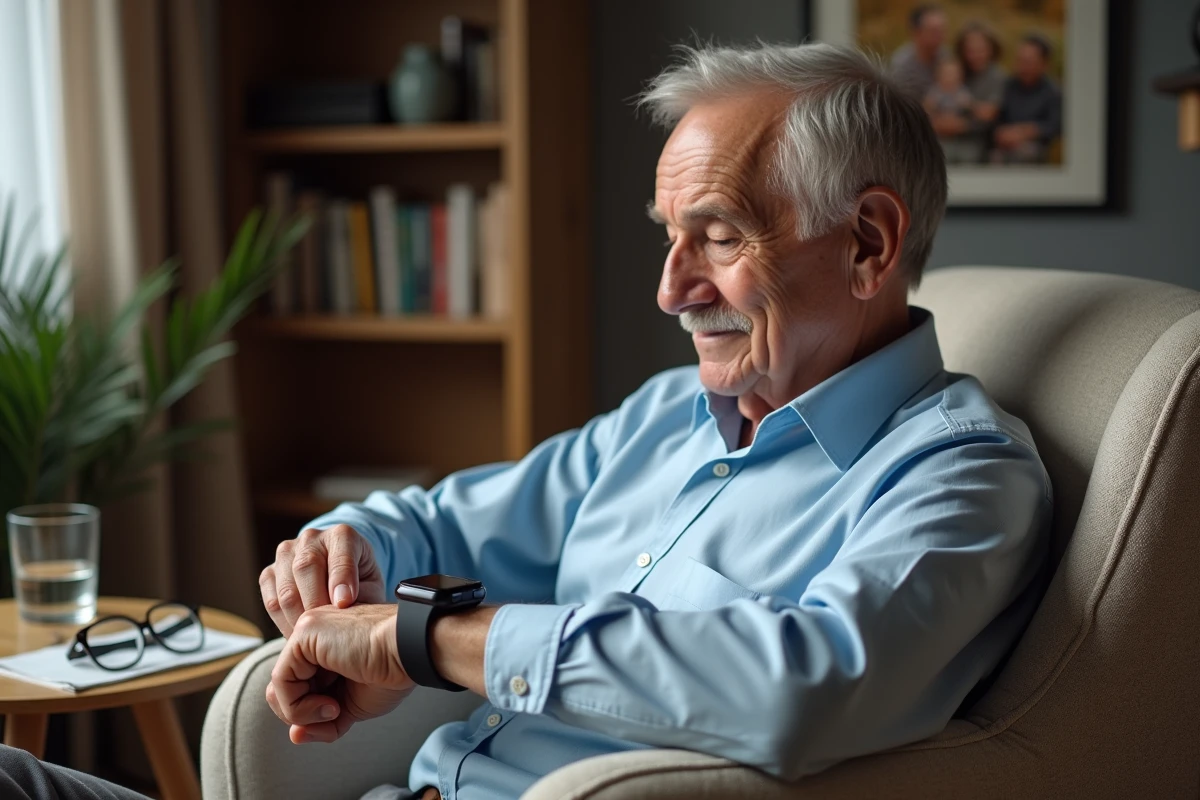 Homme âgé atteint d'Alzheimer regardant sa montre connectée à grand écran dans son salon