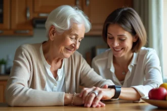 Fille aidant sa mère âgée à porter une montre GPS connectée pour personnes atteintes d'Alzheimer