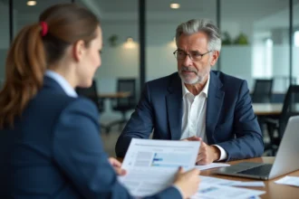 Homme senior en costume discutant de sa retraite complémentaire Agirc-Arrco avec un responsable RH dans un bureau moderne
