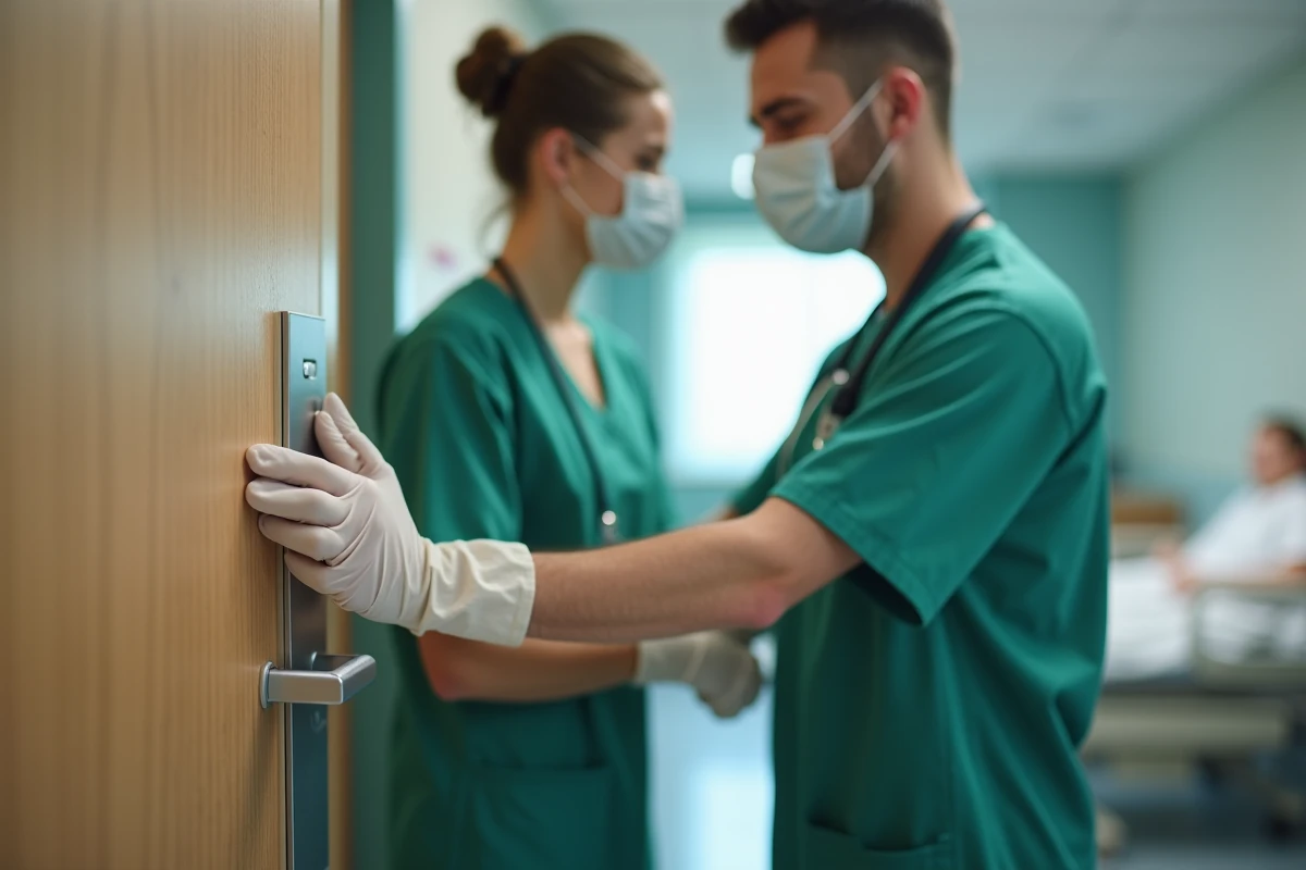 Agent de santé en uniforme vert désinfectant une poignée de porte