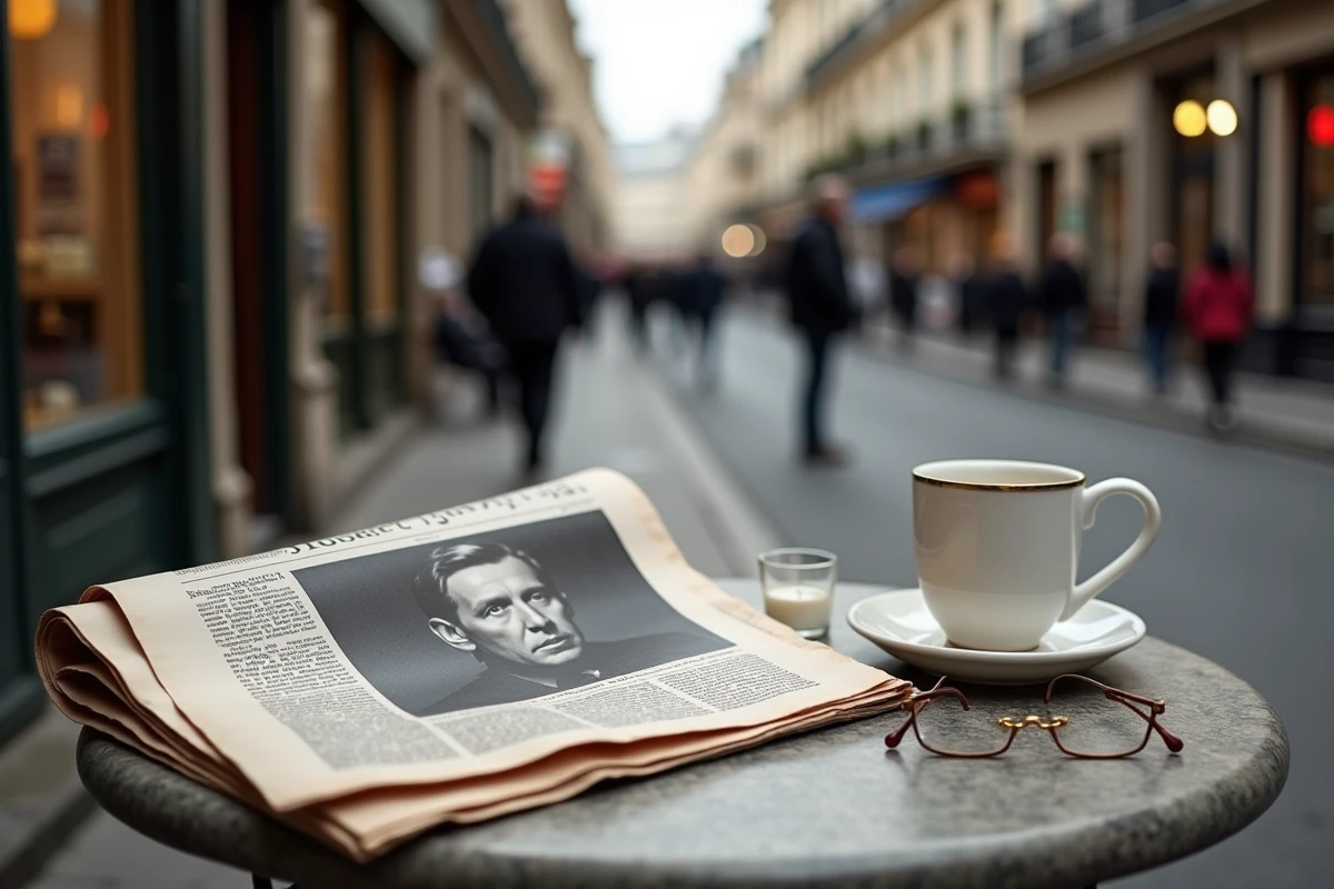 Journal vintage sur table de café parisien en plein air