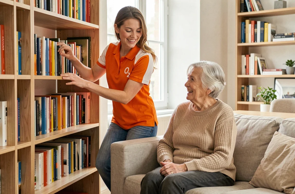 Une intervenante O2 Care Services aide une personne âgée à organiser son intérieur dans un appartement moderne à Limoges