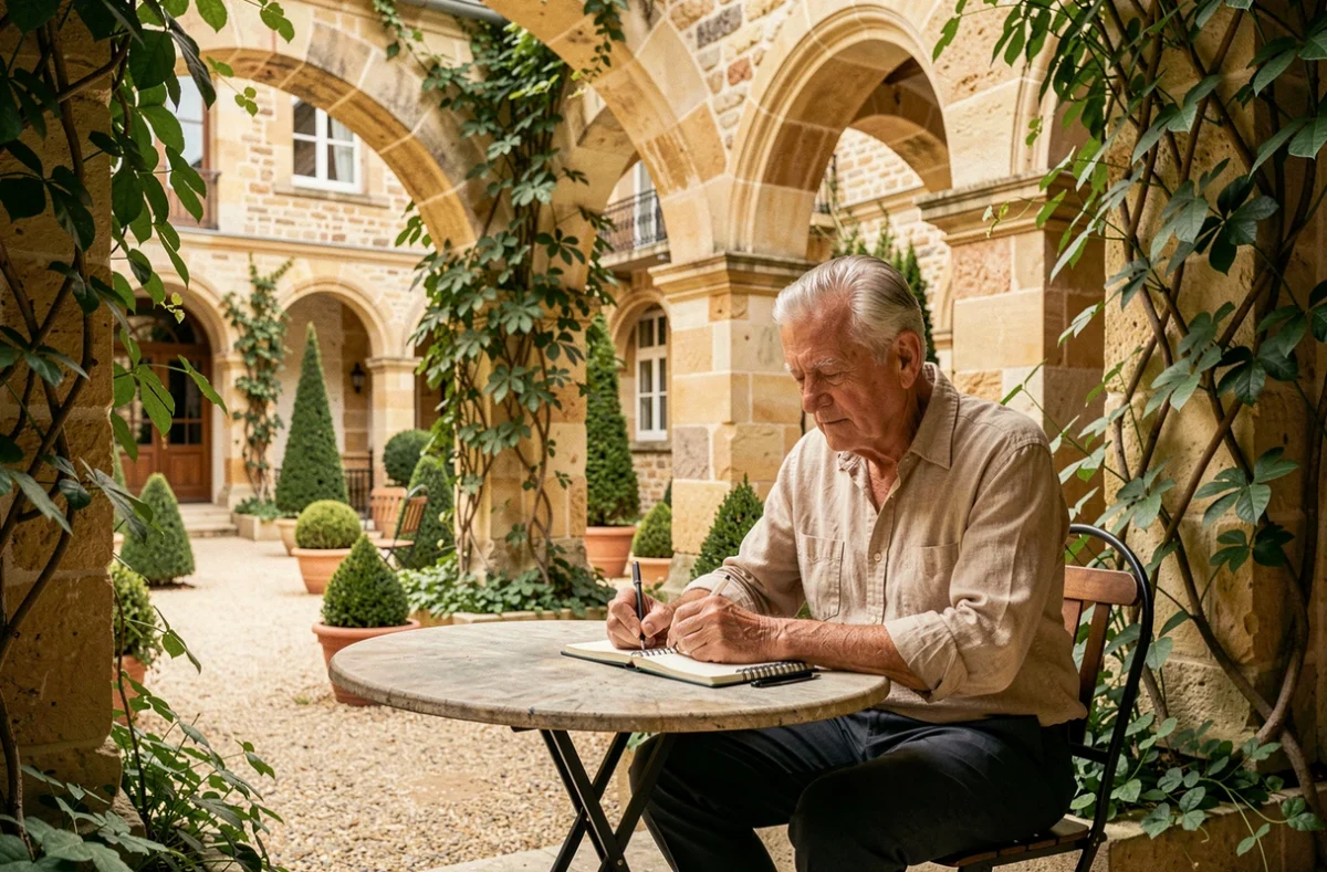 Résident dessinant sous les arches de la terrasse en pierre de la résidence OVELIA Les Arches de la Montat