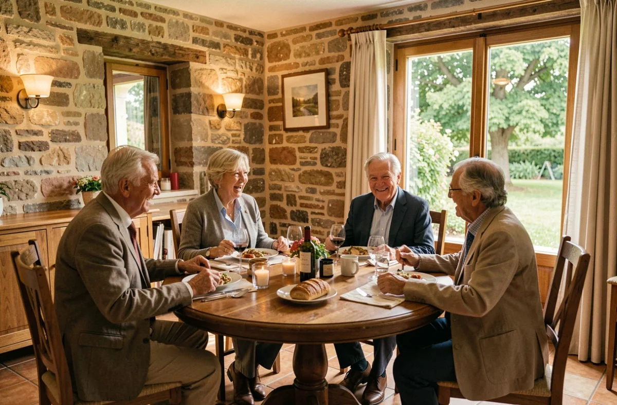 Groupe de résidents déjeunant ensemble dans la salle à manger de la résidence OVELIA Les Demeures du Forez