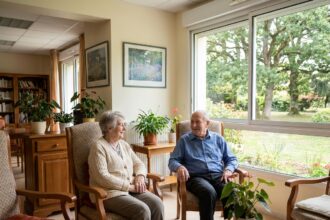 Deux résidents âgés en conversation dans le salon commun de la maison de retraite médicalisée Le Parc de Diane à Nantes, cadre chaleureux et moderne avec vue sur le jardin