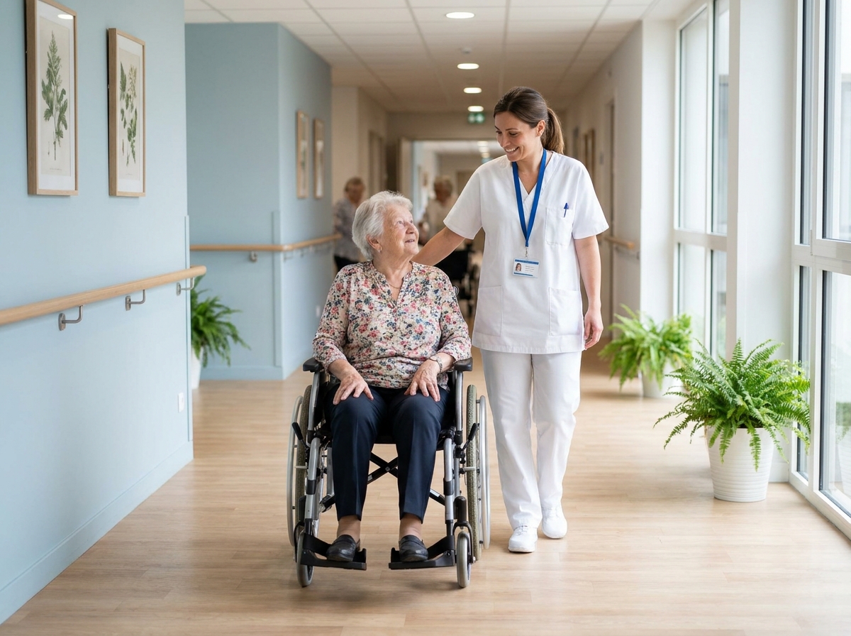 Soignante accompagnant une résidente en fauteuil roulant dans le couloir de la maison de retraite médicalisée LNA Santé Le Parc de Diane à Nantes
