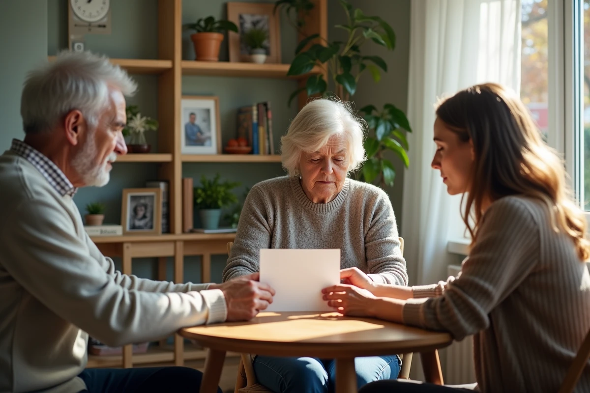 Famille partageant une carte de condoleances à la maison