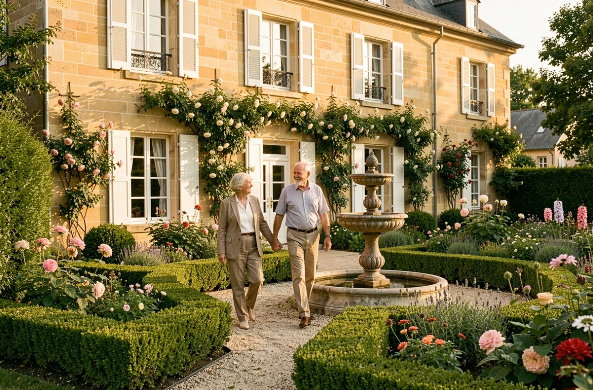 Couple de résidents se promenant dans le jardin fleuri de la résidence Les Passementiers à Villars