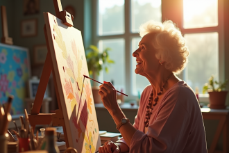 Femme de 75 ans peignant dans un atelier lumineux
