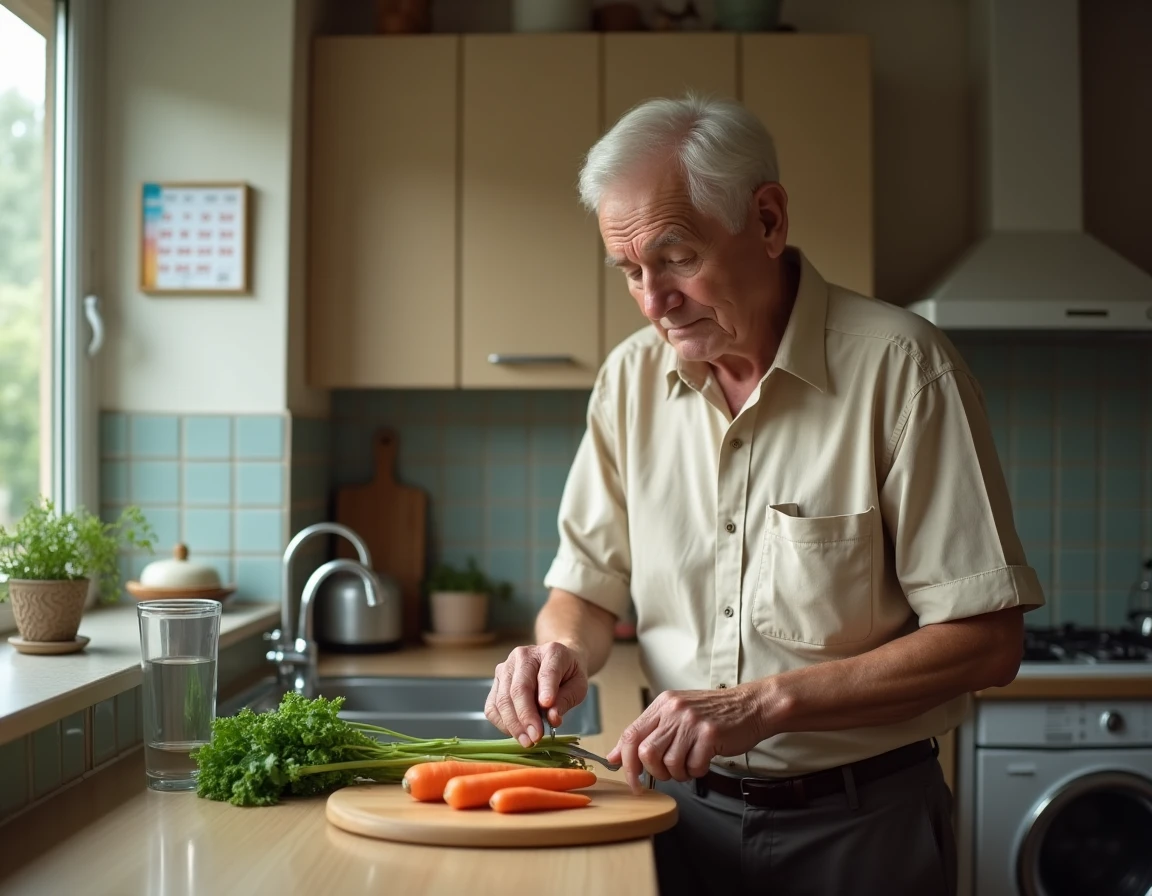 Personne âgée autonome préparant un repas dans sa cuisine, illustrant une activité instrumentale de la vie quotidienne évaluée par le score IADL