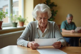 Personne âgée lisant la charte des droits en maison de retraite, mains posées sur le document officiel