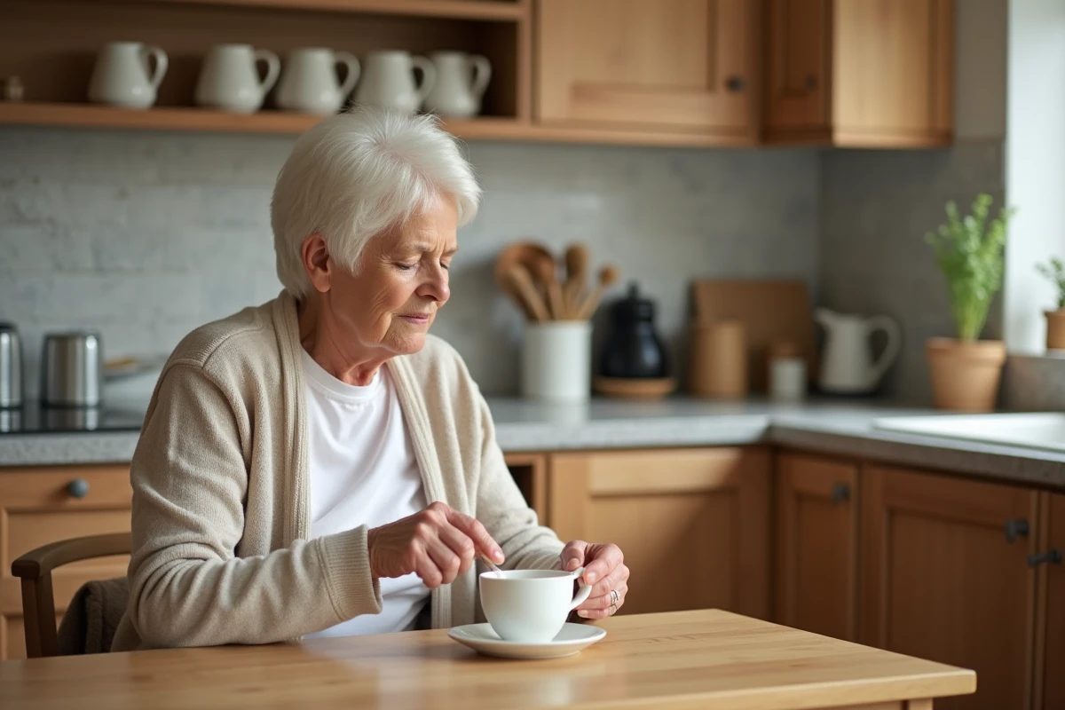 Personne âgée atteinte de démence maintenant son autonomie en préparant son thé dans une cuisine de maison de retraite adaptée