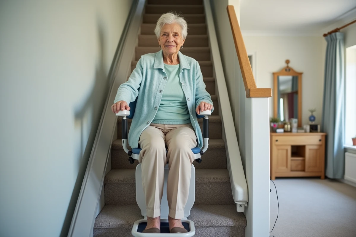 Personne âgée utilisant un monte escaliers portable sans percer dans une location avec moquette