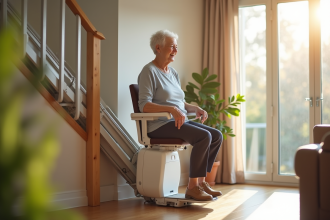 Personne agee souriante utilisant une echelle electrique moderne