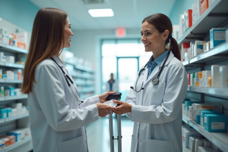 Pharmacien souriant remettant des béquilles à un client dans une pharmacie moderne