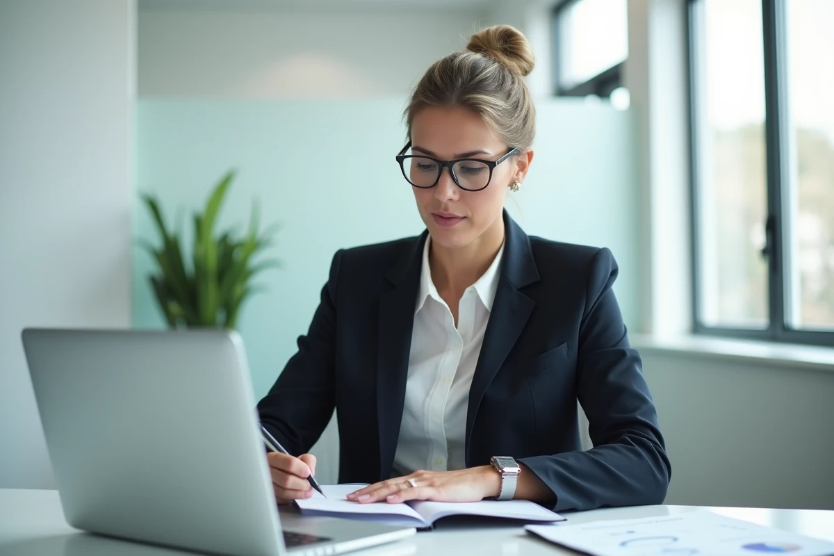 Professionnelle en droit ou travail social analysant un dossier de tutelle sur ordinateur portable dans un bureau moderne