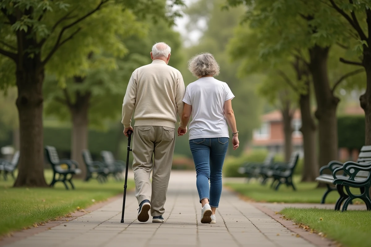 Senior et femme se promenant dans le jardin