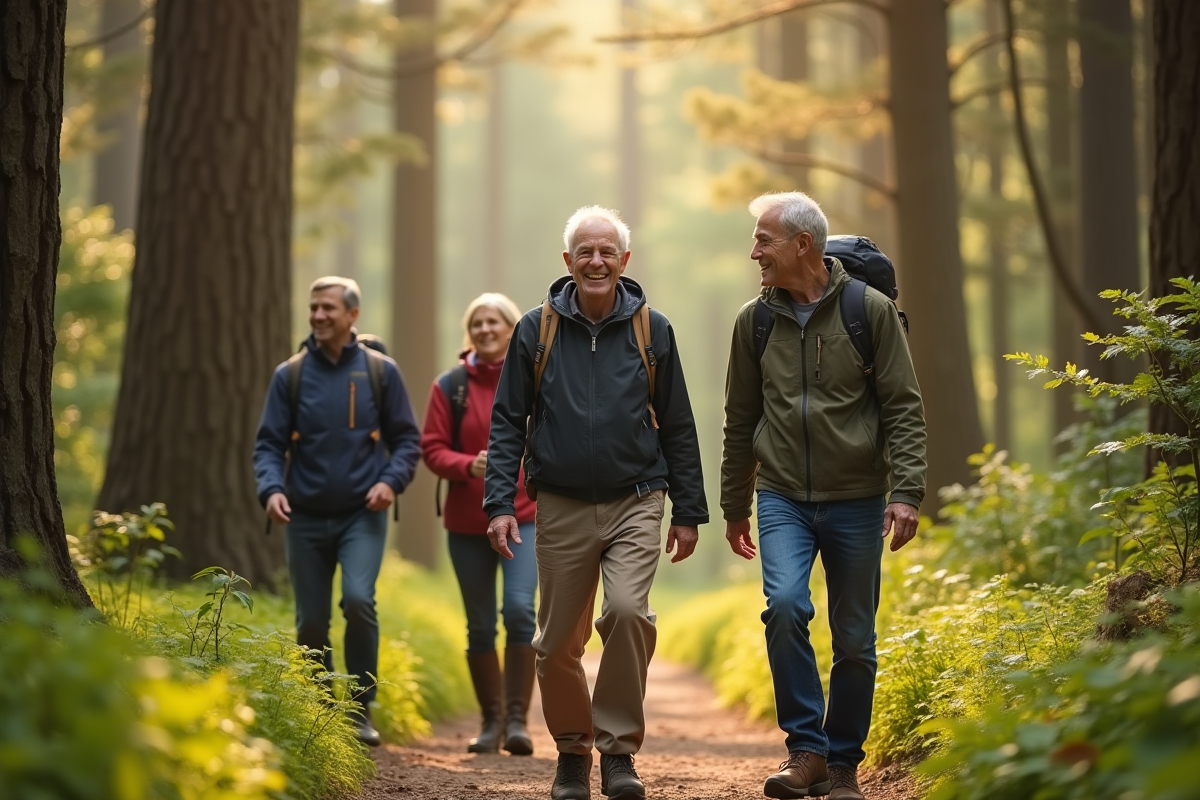 Homme de 75 ans en randonnée dans la forêt avec amis