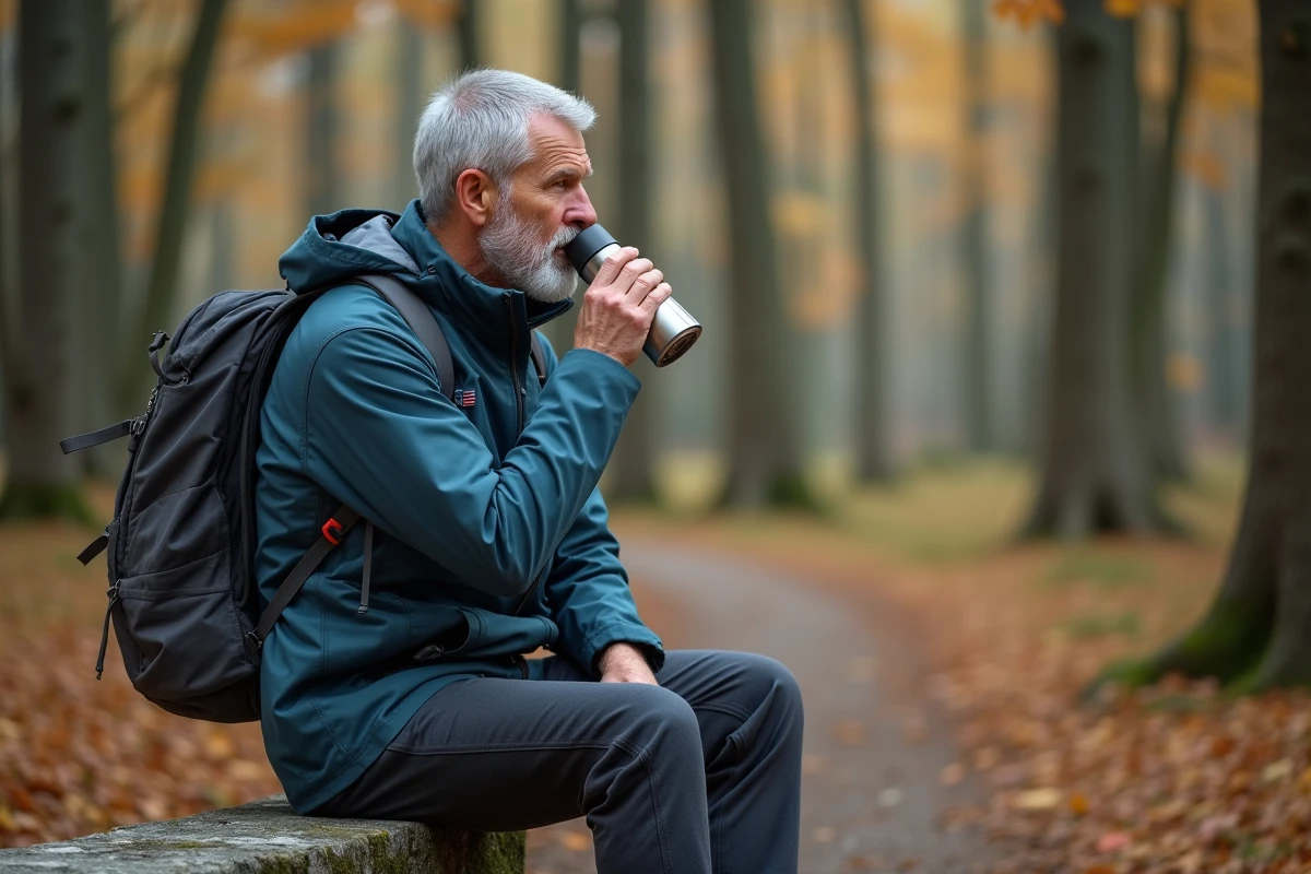 Randonneur senior solitaire se reposant sur un sentier dans les Vosges en automne, sirotant un thé chaud entouré de forêts de sapins et de hêtres colorés