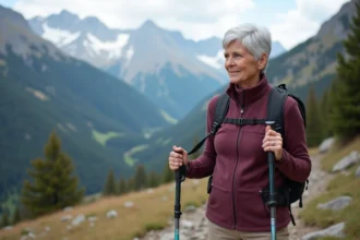 Femme senior de 60 ans en randonnée dans les Pyrénées françaises, ajustant ses bâtons de trek sur un sentier rocheux avec panorama montagneux