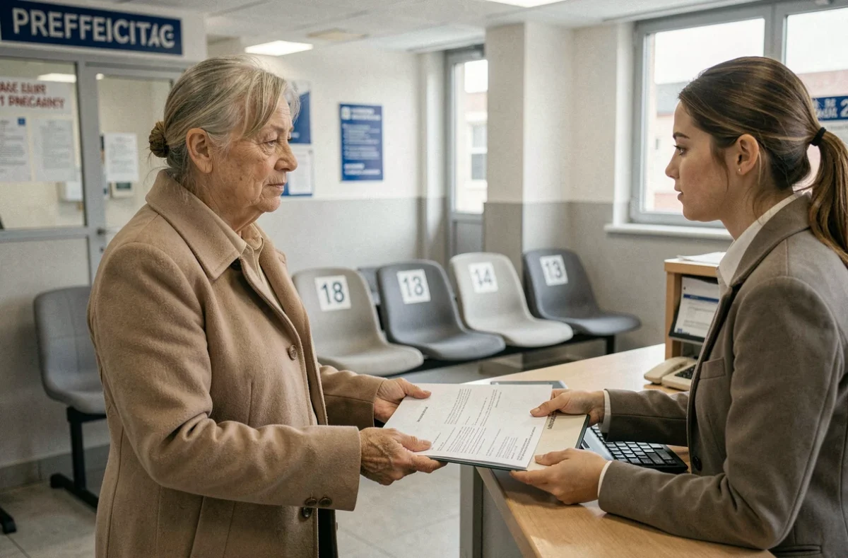 Une femme âgée déposant un dossier de recours pour refus de certificat médical permis de conduire au guichet d'une préfecture française