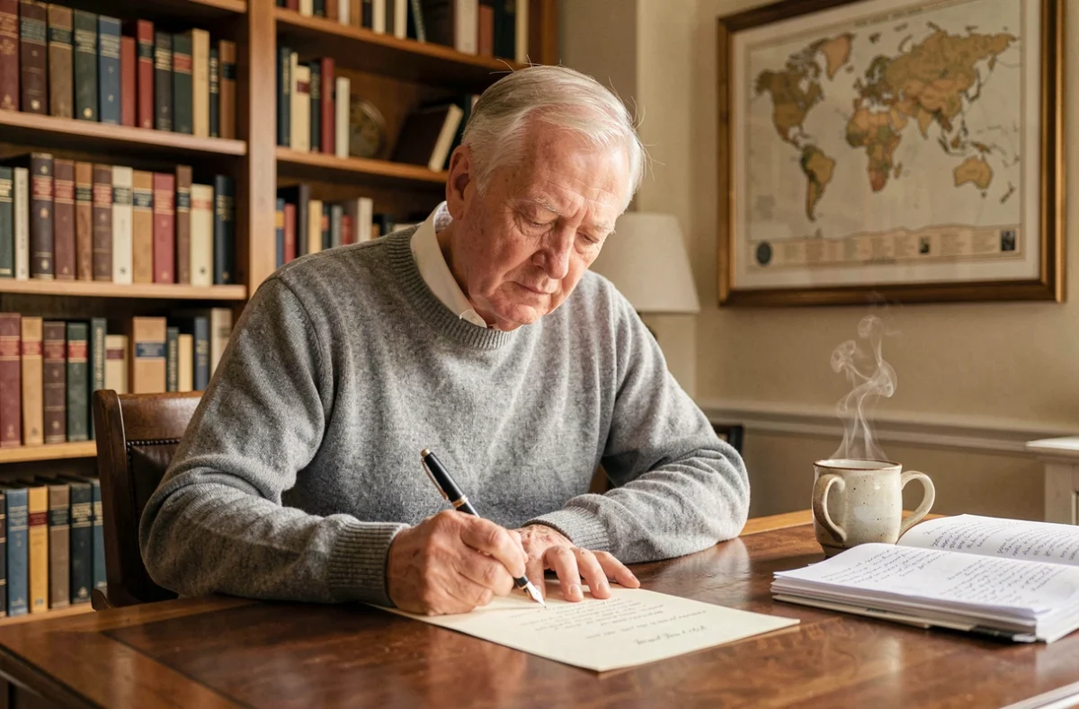 Homme âgé rédigeant un discours de retraite à la main dans un bureau chaleureux entouré de livres