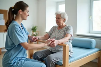 Kinésithérapeute guidant une patiente âgée lors d'une séance de rééducation motrice en clinique