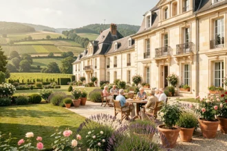 Vue panoramique d'une résidence senior en Loire avec jardins soignés et personnes âgées profitant de la terrasse