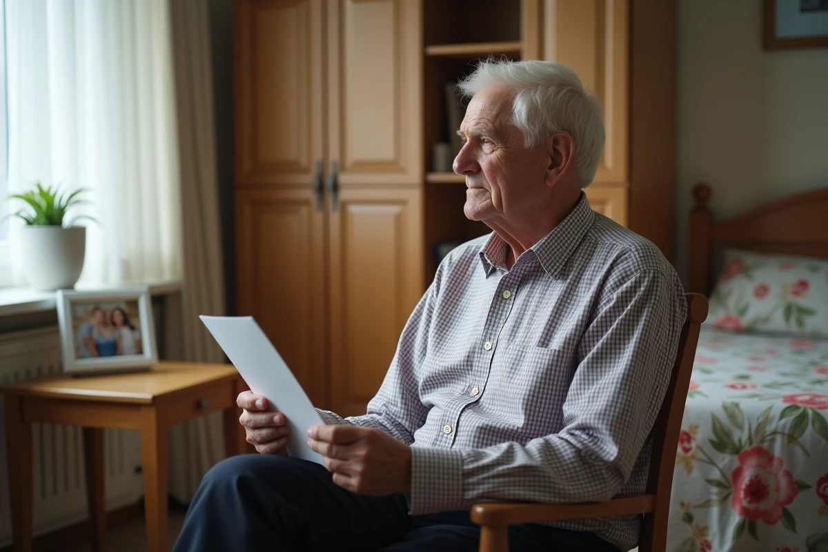 Résident âgé en chambre d'Ehpad tenant un courrier administratif relatif à son allocation logement et son niveau GIR