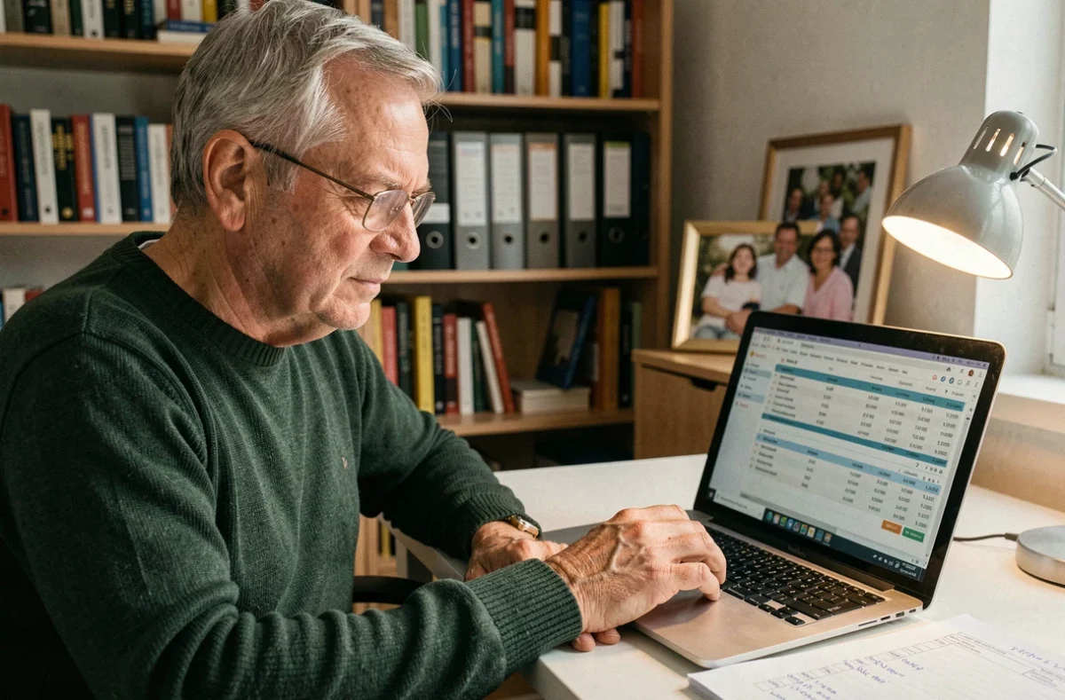 Retraité analysant les options et frais cachés d'un devis en ligne pour services aux seniors