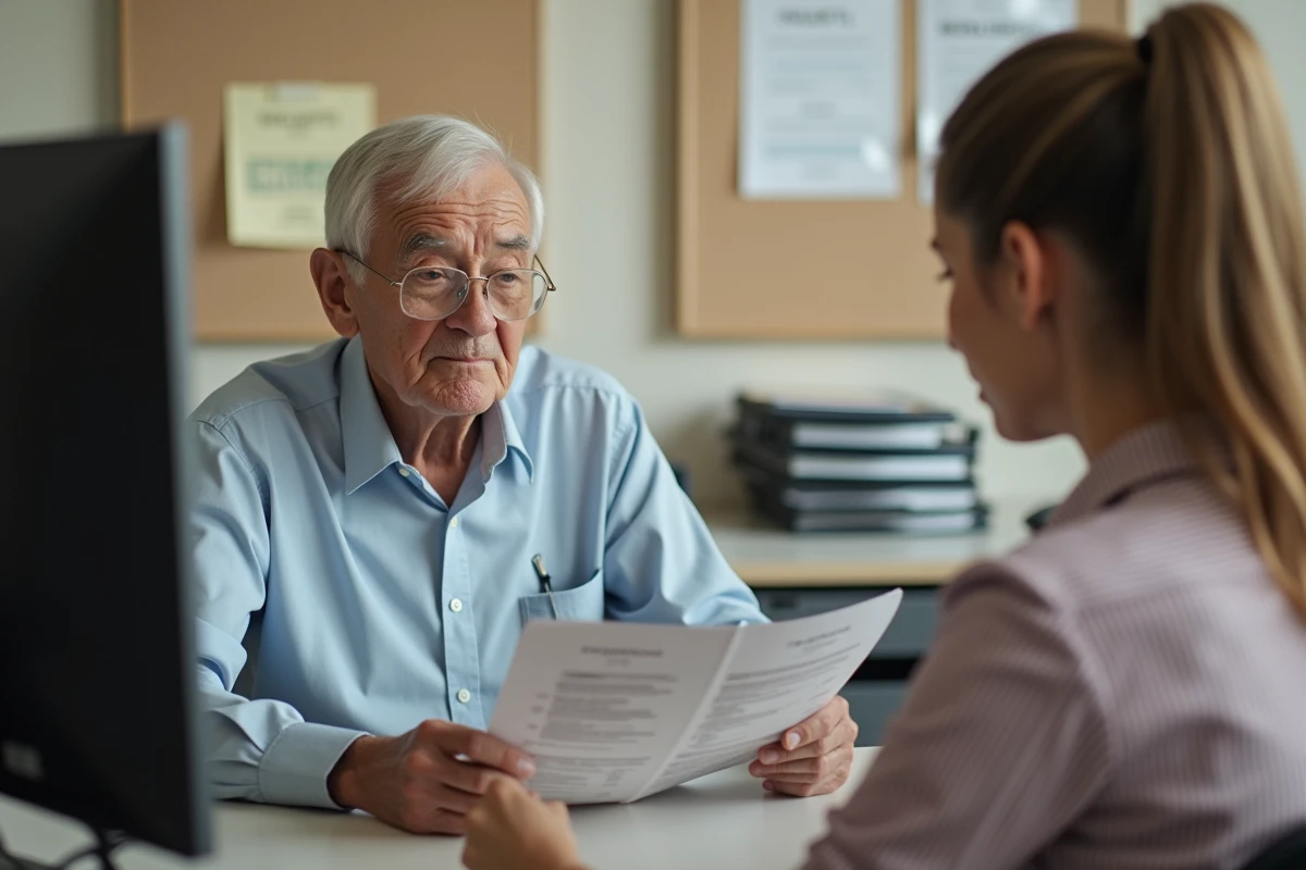 Homme retraité en consultation avec une assistante sociale pour obtenir des aides au financement d'une maison de retraite