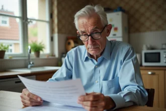 Homme retraité regardant une déclaration de pension dans la cuisine
