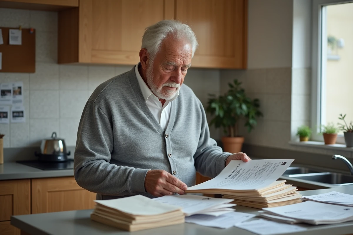 Retraité triant ses relevés de pension Agirc Arrco dans sa cuisine pour anticiper la revalorisation de 2026
