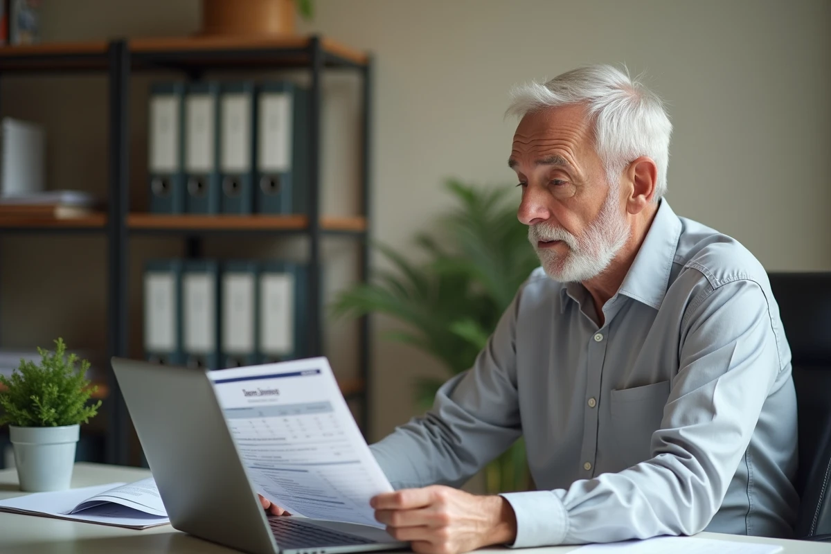 Retraité senior consultant un simulateur fiscal en ligne sur ordinateur portable dans son bureau à domicile